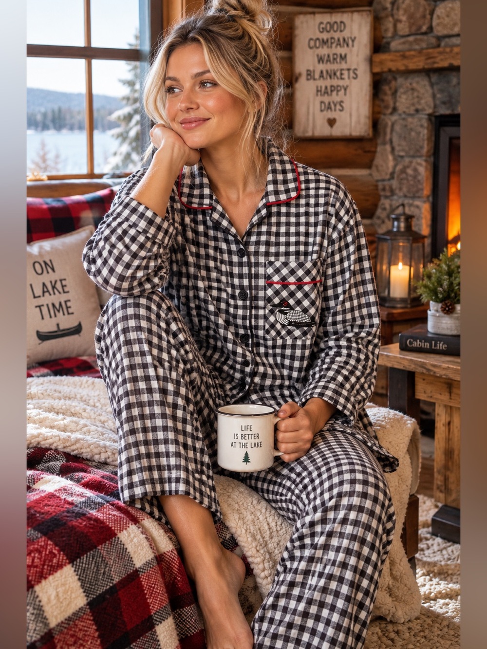 Rocky Mountain Flannel Co 100% Cotton Loon Embroidered Plaid Pajama Set